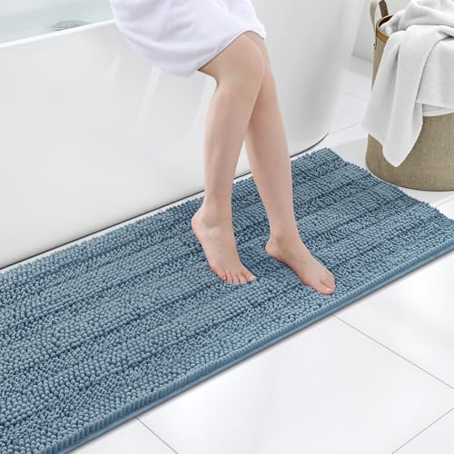 Grandaily Chenille Striped Bathroom Rugs 47x20, Extra Thick and Soft Absorbent Bath Mats, Rubber Backing, Plush Shaggy Shower Carpet, Machine Wash Dry, Bath Rug for Bathroom, Airy Blue