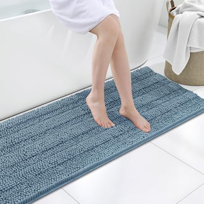 Grandaily Chenille Striped Bathroom Rugs 59x20, Extra Thick and Soft Absorbent Bath Mats, Rubber Backing, Plush Shaggy Shower Carpet, Machine Wash Dry, Bath Rug for Bathroom, Airy Blue