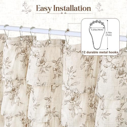 Long Farmhouse Floral Shower Curtain, Ruffle Bathroom Curtains, 72"Wx78"L