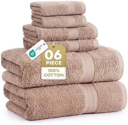 LANE LINEN Bath Towel Set Quick Dry 100% Cotton 6 Piece Soft - Taupe