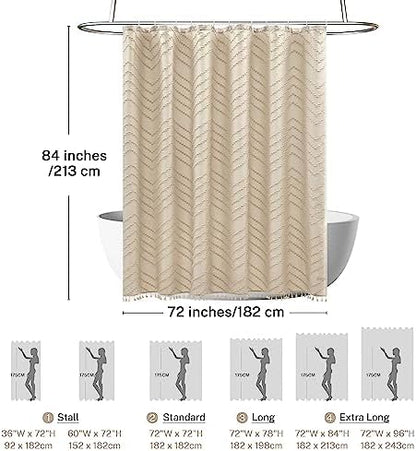 Siiluminisoy Extra Long Boho Shower Curtain, Woven Fabric 84 in Beige Shower Curtain, 72 x 84, Tufted Chevron Striped Modern Chic Textured Minimalist Bathroom