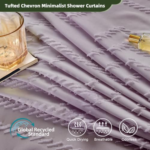Siiluminisoy Boho Shower Curtain Woven Fabric Purple Cute Shower Curtain Modern Farmhouse Textured Tufted Chevron Striped Minimalist 72 x 72 Bathroom Shower Curtain Set with Hooks
