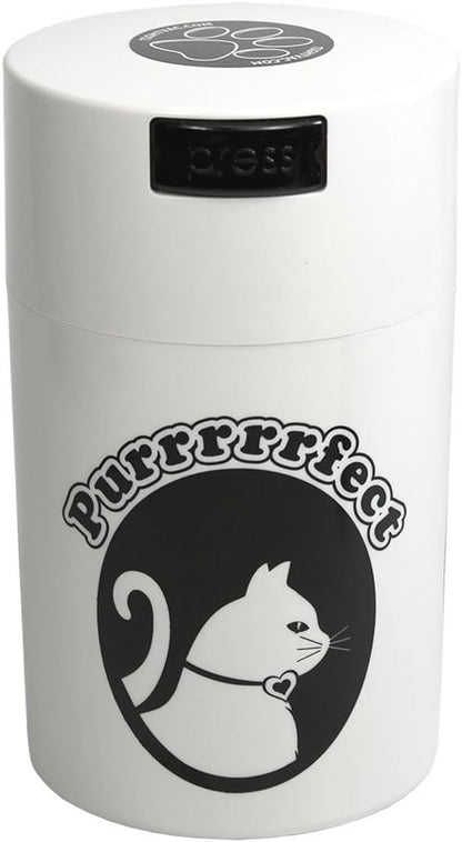 Tightpac Pawvac 1 to 6 Ounces Container, Airtight Pet Food and Treats Storage Jar - Patented Vacuum Seal Container for Pet Food, Treats and other Dry Goods - White with Cats