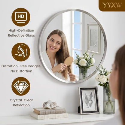 36 inch Brushed Nickel Round Mirror,Large Sliver Circle Mirror