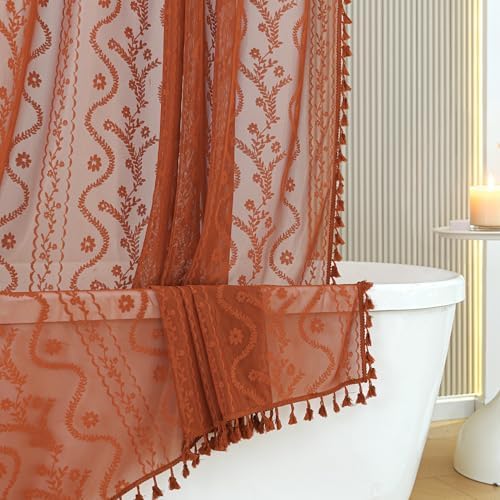 WAZZIO Bunrt Orange Lace Shower Curtain for Bathroom 72" W x 84" L, Victorian Farmhouse Floral Pattern Tassel Fancy Shower Curtain Boho Washable Cloth Decorative Bath Curtains,1 Panel