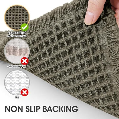 Upgrade Waffle Bath Mat Set 3 Piece, Greyish Green, Boho Bathroom Rugs Absorbent Non Slip, Ultra Soft Bathroom Mat, Machine Washable Knit Bath Rugs with Tassels for Bathroom, Kitchen, Shower, Tub