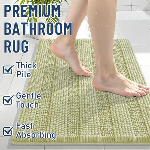 Grandaily Chenille Striped Bathroom Rugs 24x16, Extra Thick and Soft Absorbent Bath Mats, Rubber Backing, Plush Shaggy Shower Carpet, Machine Wash Dry, Bath Rug for Bathroom, Vanilla