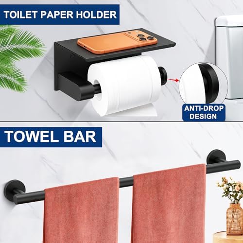 5 Pieces Bathroom Hardware Accessories Set Matte Black, 24Inch Round Towel Racks Set for Bathroom, SUS304 Stainless Steel Towel Bar Set, Toilet Paper Holder with Shelf Wall Mounted