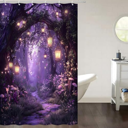 Fantasy Forest Path Shower Curtain Purple Fairy Magical Enchanted Misty Jungle Mushroom Floral Tree Butterfly Lantern Wonderland Bath Curtain Fabric Bathroom Accessories Decor with Hooks 47W x63L