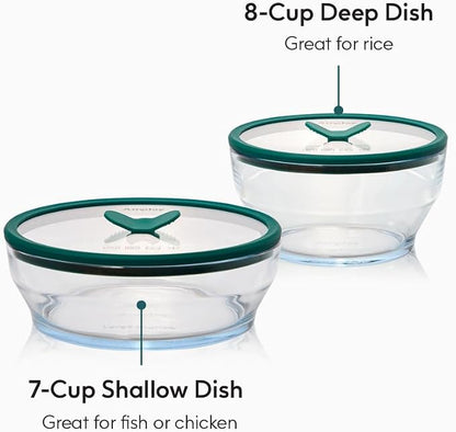 Anyday 4-Piece Large Glass Food Storage with Glass Lids | Plastic-Free Meal Prep & Microwave Cookware | Stackable Airtight Storage Container with Vented Lid for Microwave-Safe Reheating