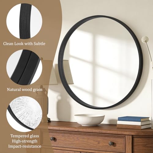 WallBeyond Round Wood Mirror, 32" Round Modern Decoration Large Circle Wall Mirror for Bathroom Living Room Bedroom Entryway, Black