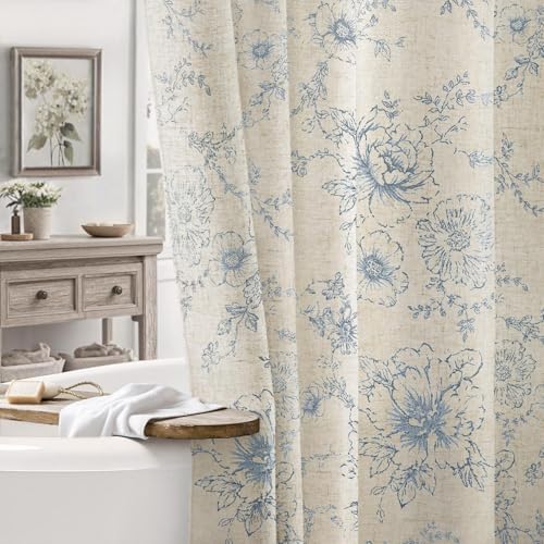 Farmhouse Floral Vintage Shower Curtain for Bathroom, Grey Blue and Tan