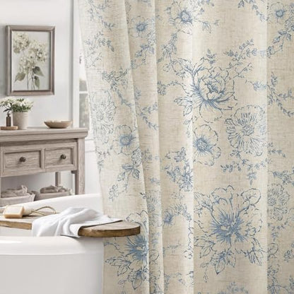Farmhouse Floral Vintage Shower Curtain for Bathroom, Grey Blue and Tan