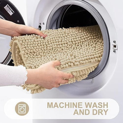 Grandaily Chenille Striped Bathroom Rugs 59x20, Extra Thick and Absorbent Bath Mats, Non-Slip Soft Plush Shaggy Shower Carpet, Machine Wash Dry, Bath Rug for Bathroom, Beige