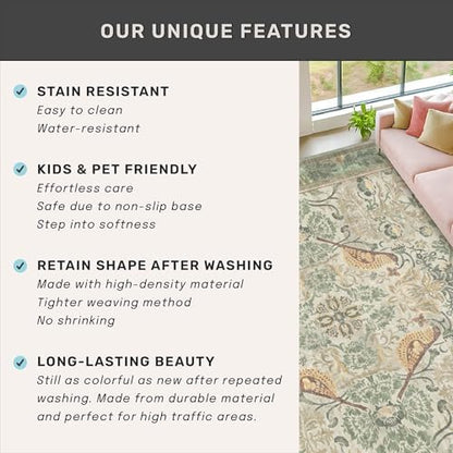 Sage Floral Kitchen Runners - 2x5 Runner Rug for Hallway Bathroom Laundry Room Bedroom Beside Bed Entryway, Boho Birds Leaves Patterned Non Slip Low Pile Washable Rugs