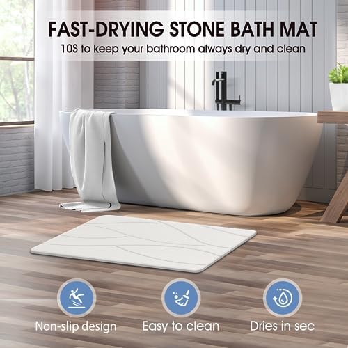 Veeloim Stone Bath Mat Diatomaceous Earth Shower Mat Non-Slip Super Absorbent Diatomite Stone Bath Mats for Bathroom Floor Quick Drying Natural Easy to Clean(23.6''×15.4" White)