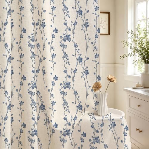 Navy Blue Farmhouse Linen Shower Curtain, Boho Floral Fabric, 36 x 72