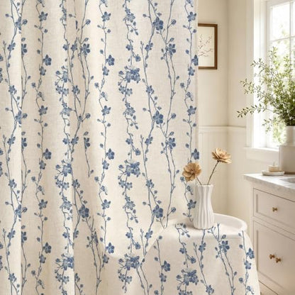 Navy Blue Farmhouse Linen Shower Curtain, Boho Floral Fabric, 36 x 72