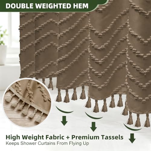 Siiluminisoy Boho Farmhouse Shower Curtain Woven Fabric Khaki Shower Curtain, 72 x 72 Tufted Chevron Textured Striped Modern Farmhouse Minimalist Shower Curtain for Bathroom