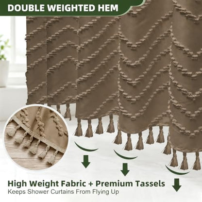 Siiluminisoy Boho Farmhouse Shower Curtain Woven Fabric Khaki Shower Curtain, 72 x 72 Tufted Chevron Textured Striped Modern Farmhouse Minimalist Shower Curtain for Bathroom