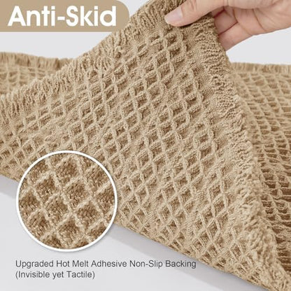 Upgraded Waffle Bath Mat Set 3 Piece Beige-Herringbone, Super Absorbent Non-Slip Quick Dry Bathroom Rugs with Tassels, Machine Washable Ultra Soft Boho Bath Rugs, Toilet Mats Boho Farmhouse Decor