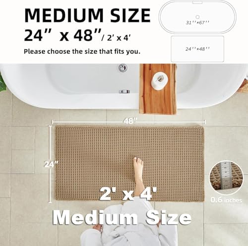 TYUU Waffle Bath Mat, Boho Bathroom Rugs Non Slip Washable, 48x24 Khaki