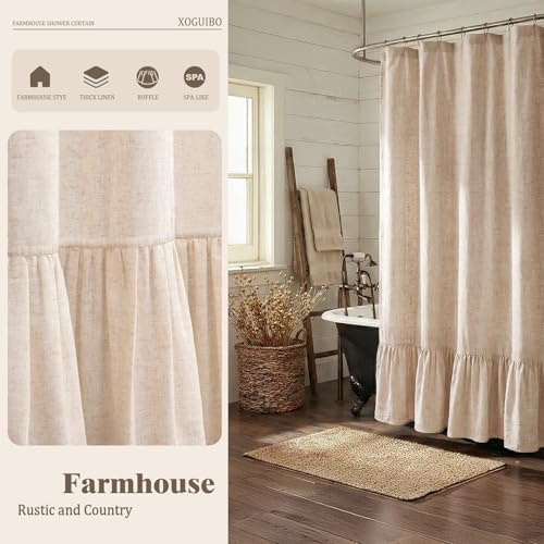 Farmhouse Shower Curtain Ruffle Linen Beige 60" W x 72" L