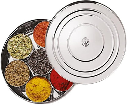 Taluka Stainless Steel Spice Box Indian Masala Dabba With 7 Compartments 1 Small Spoon & 4 Pcs Of Measuring Spoon For Home Restaurant Chefs 8x8 Inches