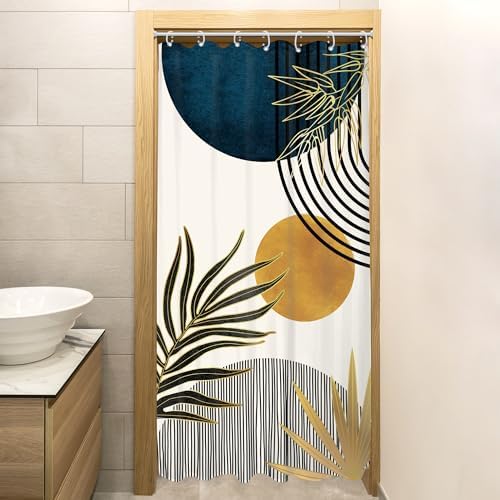 Stall Small Mid Century Blue Boho Abstract Bathroom Shower Curtain Set