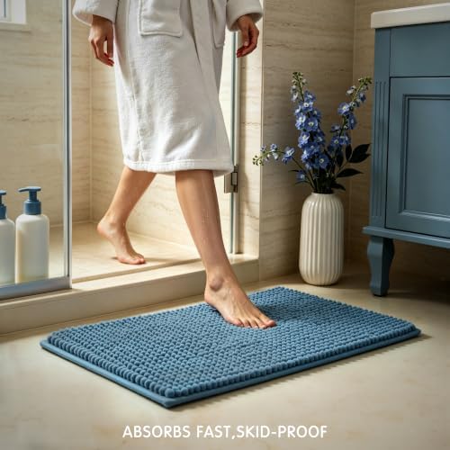 SUBRTEX Bathroom Rugs, 20" x 32" Chenille Bath Rug Soft Short Plush Bath Mat Soft Shower Mat Water Absorbent Shower Mat Quick Dry Machine Washable, Stone Blue