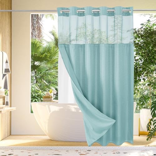 Gibelle No Hook Cloth Teal Shower Curtain with Liner, 72x86