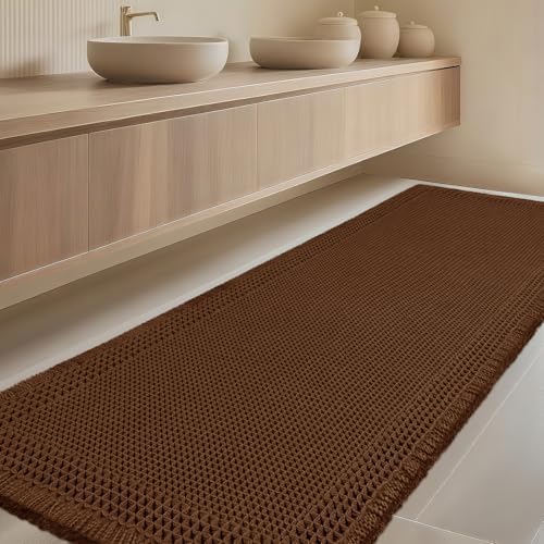 Extra Large Waffle Bath Mat, Boho Woven Modern Bath Rug Absorbent Non Slip, Ultra Soft Bathroom Mats, Machine Washable Knit Bath Rugs with Border for Bathroom, Bedroom, Kitchen, Tub, 5'x2', Brown