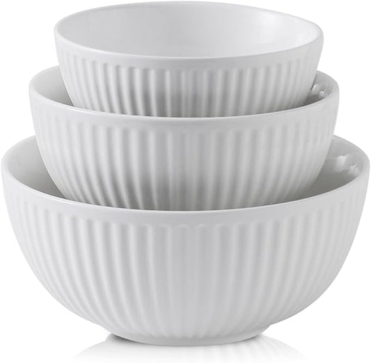 HASENSE Ceramic Ribbed Nesting White Bowls 1.5/1/0.5 Qt For Kitchen, Cooking, Baking and Serving Salad Bowls for Pasta, Small Mixing Bowls of 3, Modern Space Saving Dishes for Kitchen