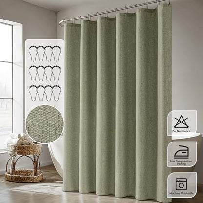 ANRODUO Olive Green Extra Long Linen Fabric Shower Curtain Set - W72xL96