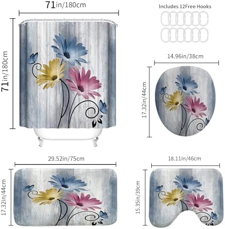 Onalasyc 4PCS Hot Pink Daisy Bathroom Sets with Shower Curtain and Rugs