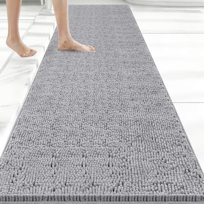 Bcoimo Bath Rug Mat,60x24 Chenille Non Slip Grey Long Bathroom Runner Rugs