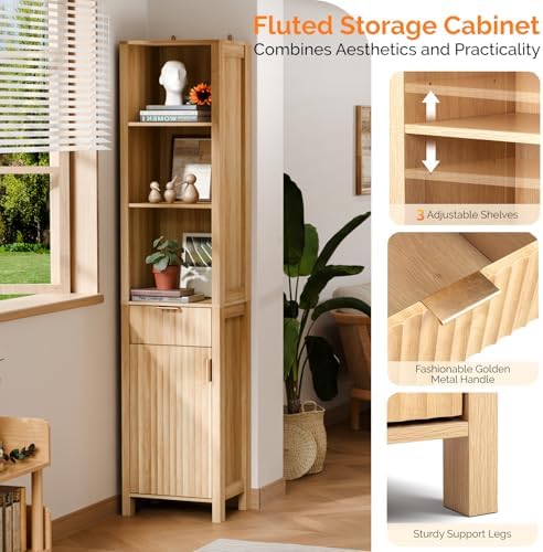 VINGLI Narrow Fluted Bathroom Floor Skinny Storage Cabinet with 1 Fluted Door&Drawer,68" Tall Narrow12 Inch Deep Slim Bathroom Storage Cabinet for Small Space w/3 Adjustable Shelves,Natural Oak Color