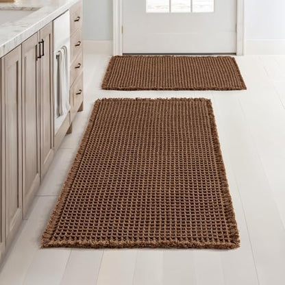 MIULEE Set of 2 Waffle Bathroom Rugs Boho Bath Mat Mocha 17"x24"+18"x30"