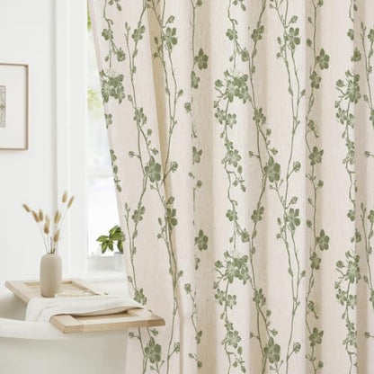 Sage Green Farmhouse Linen Shower Curtain, Boho Floral Fabric, 72 x 84