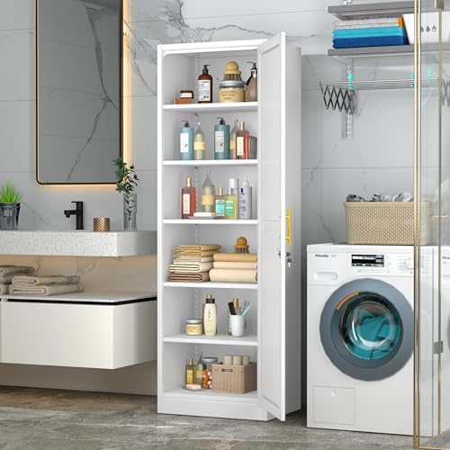 Tall Metal Narrow Bathroom Storage Locker Cabinet 67" H, Black Kitchen Pantry Cabinets,File Cabinet Organizer with 5 Adjustable Shelves and Lockable Doors for Kitchen Home Office Living Dining Room