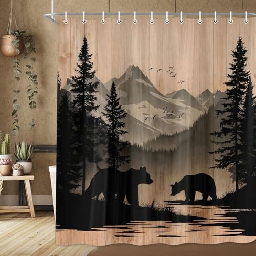 Rustic Cabin Shower Curtain, Mens Outdoor Bear Forest Wildlife Country Farmhouse Bath Curtains, Hunting Camping Camper RV Waterproof Fabric Bathroom Decor Accessories Set with Hooks,70X85IN