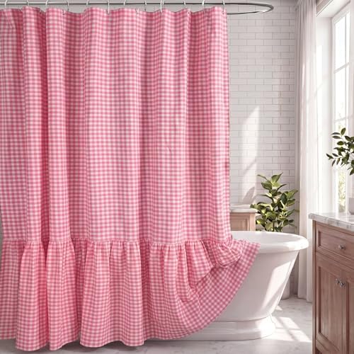 HunnmingRe Ruffle Hem Gingham Shower Curtain Pink