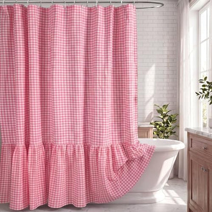 HunnmingRe Ruffle Hem Gingham Shower Curtain Pink