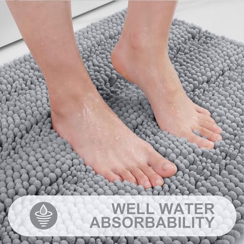 Grandaily Chenille Striped Bathroom Rugs 59x24, Extra Thick and Absorbent Bath Mats, Non-Slip Soft Plush Shaggy Shower Carpet, Machine Wash Dry, Bath Rug for Bathroom, Light Grey