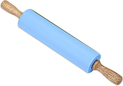 Silicone Rolling Pin, 9 Inch Green Rolling Pin with Wooden Handle for Kneading the Dough of Cookie, Baking Bread, Pizza and Noodles (Blue, 11.4 inch)
