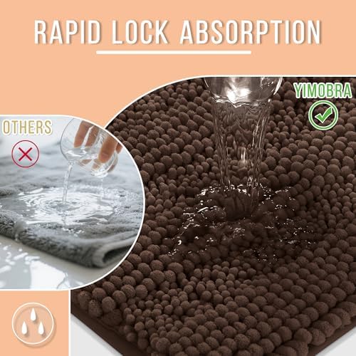 Yimobra Bathroom Rug Mat, Non Slip and Super Absorbent Bath Mat, Machine Washable Quick Dry, Ultra Plush Chenille Shower Rugs for Bathroom Floor Sink Tub and Shower Outside, Brown, 24 x 17