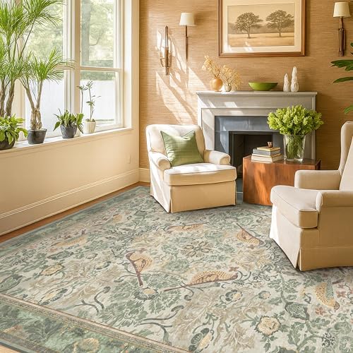 Hazo Haus Washable 6x8 Area Rug for Living Room - Sage Floral Nature Area Rugs for Bedroom, Dining Room Kitchen Table Rug for Under Table, Office, Stain Resistant Non-Slip - Sage Green