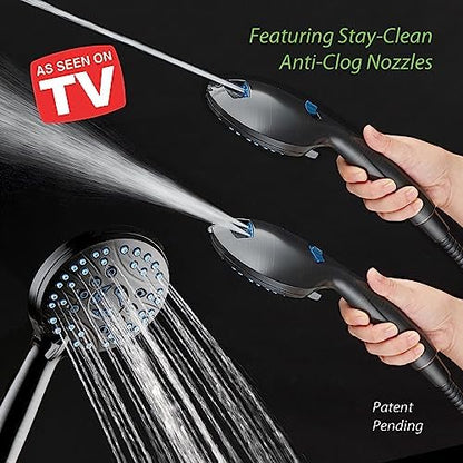 Hotel Spa AquaCare High Pressure 8-mode Handheld Shower Head, Anti-clog Nozzles - Built-in Power Wash to Clean Tub, Tile & Pets, Extra Long 6 ft. Stainless Steel Hose, Wall & Overhead Brackets