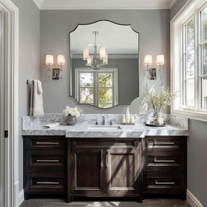 ANDY STAR Chrome Bathroom Mirror, 28x36 Inch Bathroom Mirror for Over Sink, Scalloped Mirror with Rust-Proof Stainless Steel Thin Frame, Sophisticated Curved Design for Home Remodel