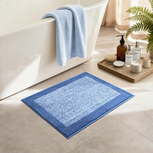 Bathroom Rugs 24x17 Non Slip Washable, Soft Absorbent Bath Mat Blue